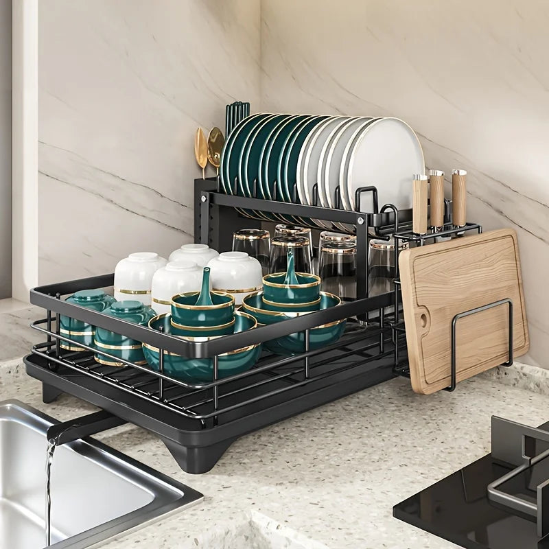 Prequel® 2-Tier Extendable Dish Drying Rack — Complete Set with Drainer, Knife Holder and Cutting Board Organizer