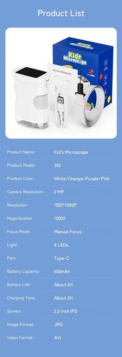 1000X Handheld Microscope for Kids 2.0" Screen Rechargeable Mini Pocket Digital Microscopes Portable Edu Gift Children Students