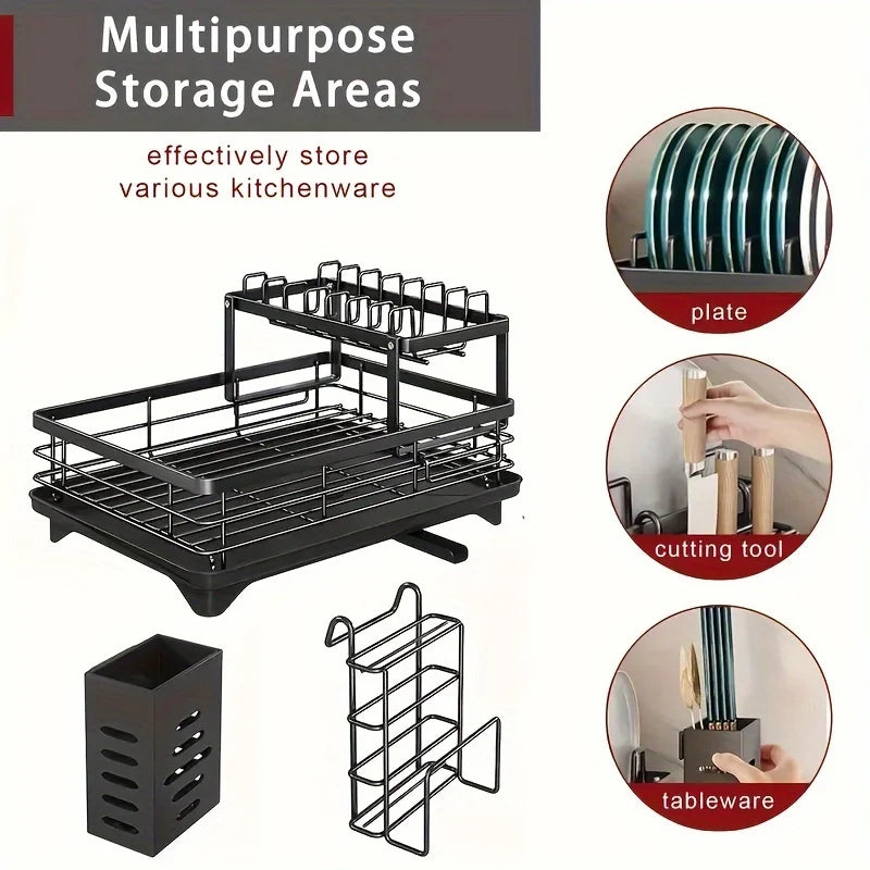 Prequel® 2-Tier Extendable Dish Drying Rack — Complete Set with Drainer, Knife Holder and Cutting Board Organizer