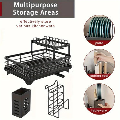 Prequel® 2-Tier Extendable Dish Drying Rack — Complete Set with Drainer, Knife Holder and Cutting Board Organizer