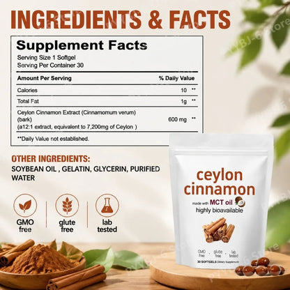 Ceylon Cinnamon Softgels 30 Count Natural Cinnamon Extract Supplement for Daily Wellness Digestion & Vitality Support