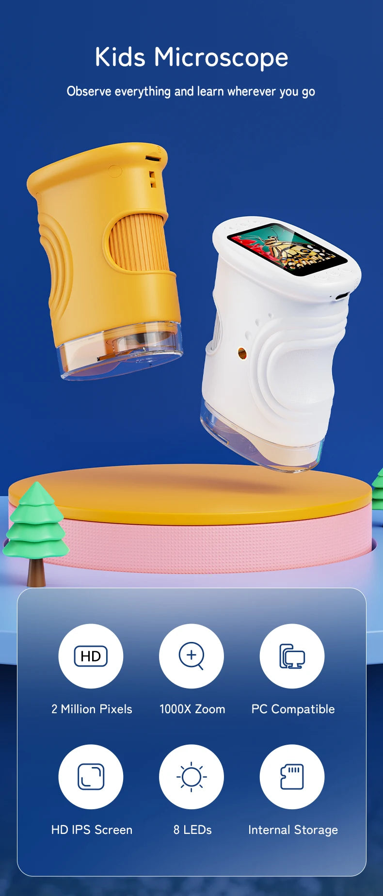 1000X Handheld Microscope for Kids 2.0" Screen Rechargeable Mini Pocket Digital Microscopes Portable Edu Gift Children Students