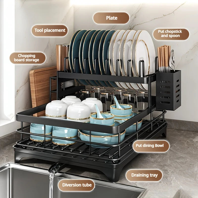 Prequel® 2-Tier Extendable Dish Drying Rack — Complete Set with Drainer, Knife Holder and Cutting Board Organizer