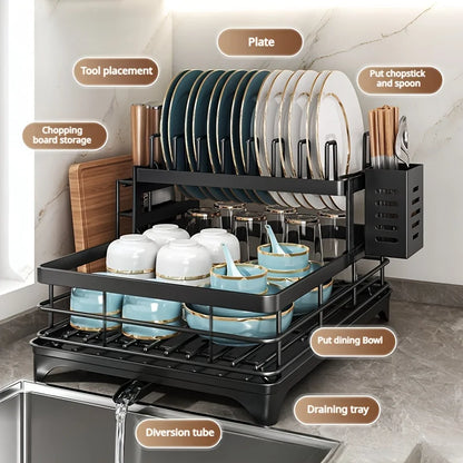 Prequel® 2-Tier Extendable Dish Drying Rack — Complete Set with Drainer, Knife Holder and Cutting Board Organizer