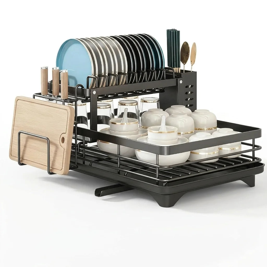 Prequel® 2-Tier Extendable Dish Drying Rack — Complete Set with Drainer, Knife Holder and Cutting Board Organizer