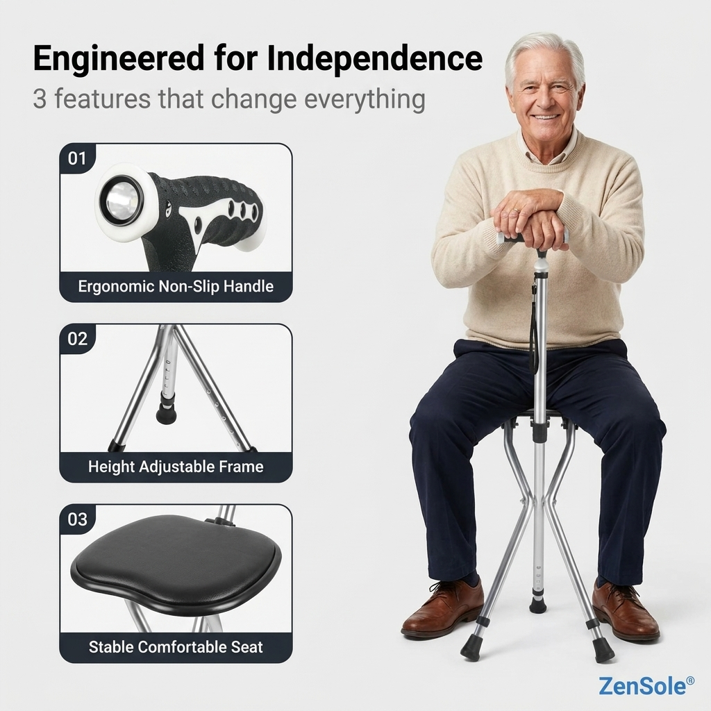 ZenSole® 2-in-1 Folding Cane Seat